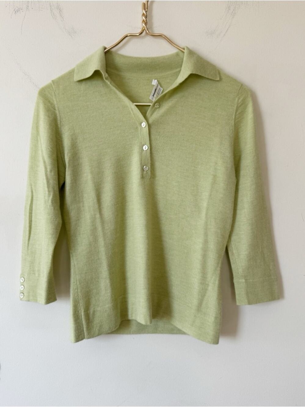 Johnston’s Cashmere Lime Green Cropped Cashmere Polo Sweater S